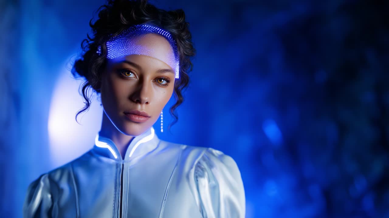 A Futuristic Portrait of a Woman in a Stunning White Outfit with a Glowing Headpiece, Captured in an Enigmatic Blue Light Setting, Evoking a Sense of Mystery and Modernity in a Sci-Fi Inspired Scene