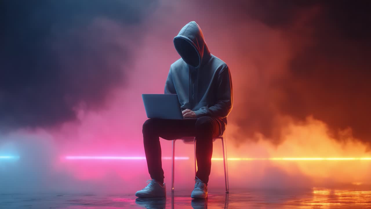 A solitary figure in a hoodie sits in a chair, intently focused on a laptop amidst colorful neon smoke lights, creating an enigmatic and atmospheric scene