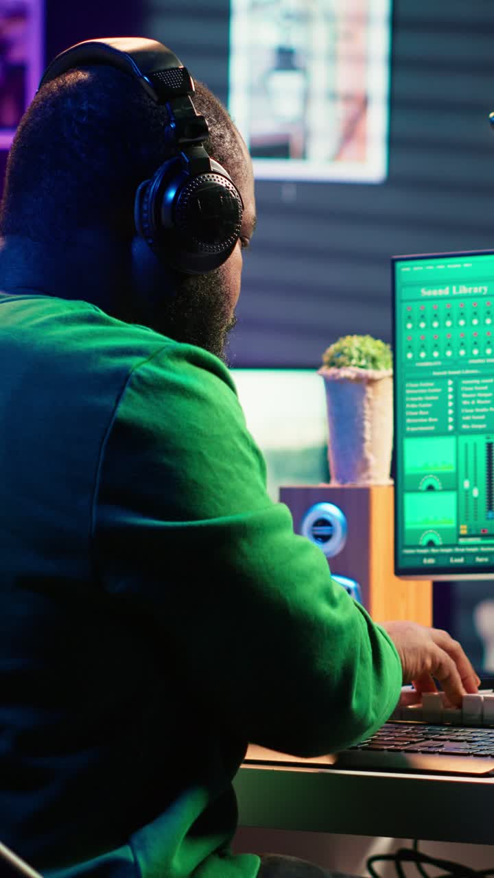 Afroamerykanin pracuje nad produkcją muzyki w domowym studio