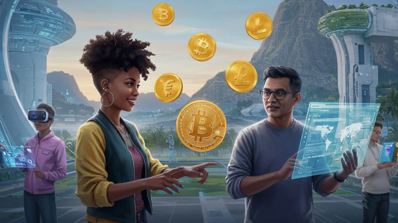 Exploring the Future of Cryptocurrency: Engaging Conversations Between Innovators in a High-Tech Environment with Virtual Reality and Currency Symbols