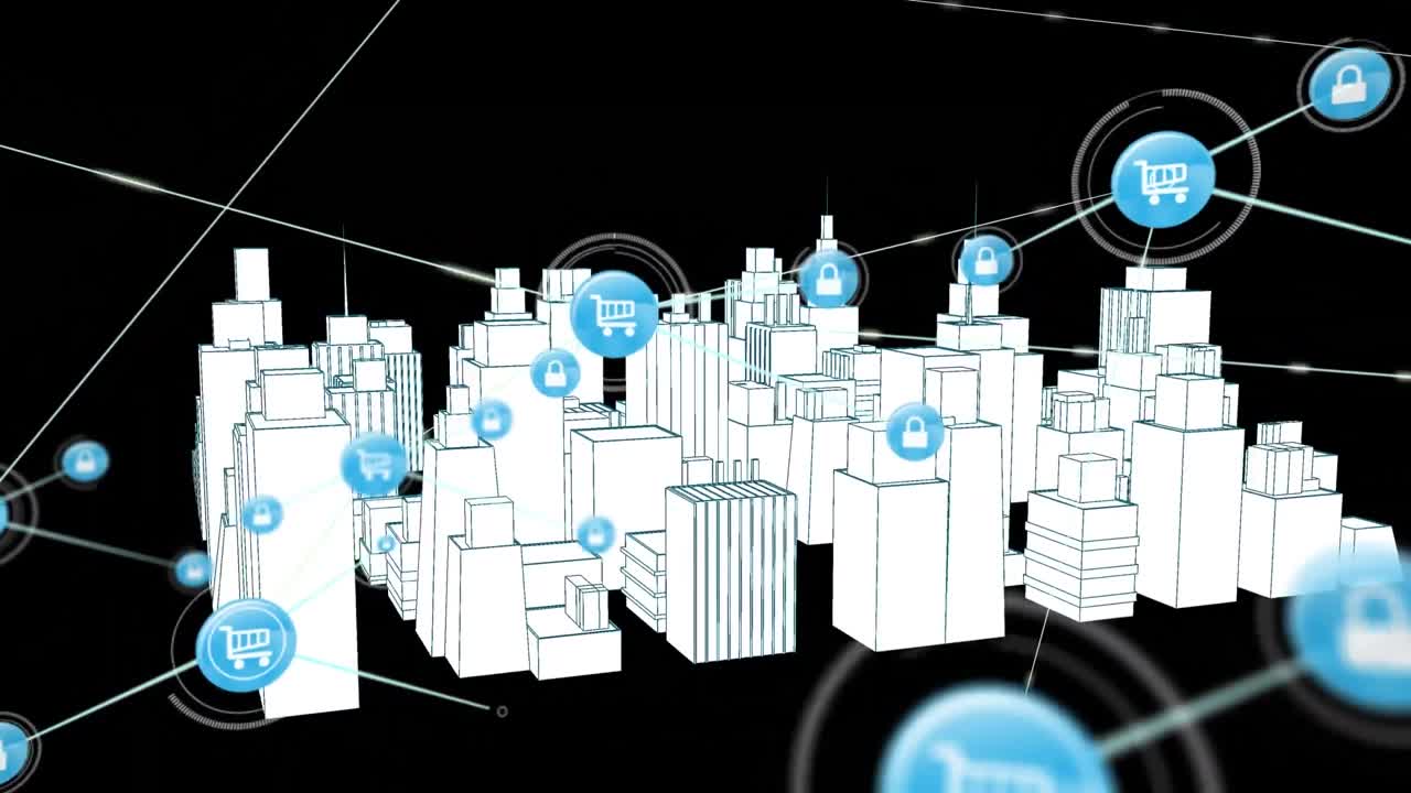 검은 바탕에 회전하는 3d 도시 그림 위에 아이콘으로 연결된 네트워크의 애니메이션