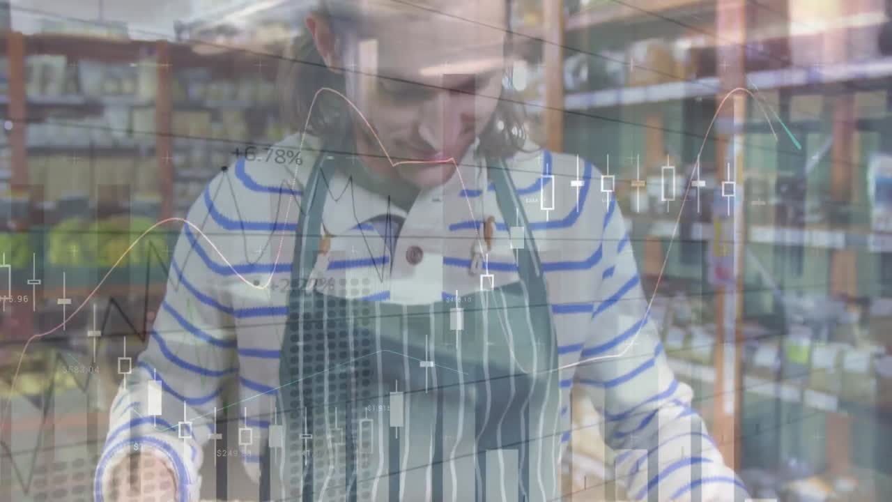 animación de gráficos sobre vendedor masculino caucásico con verduras en caja