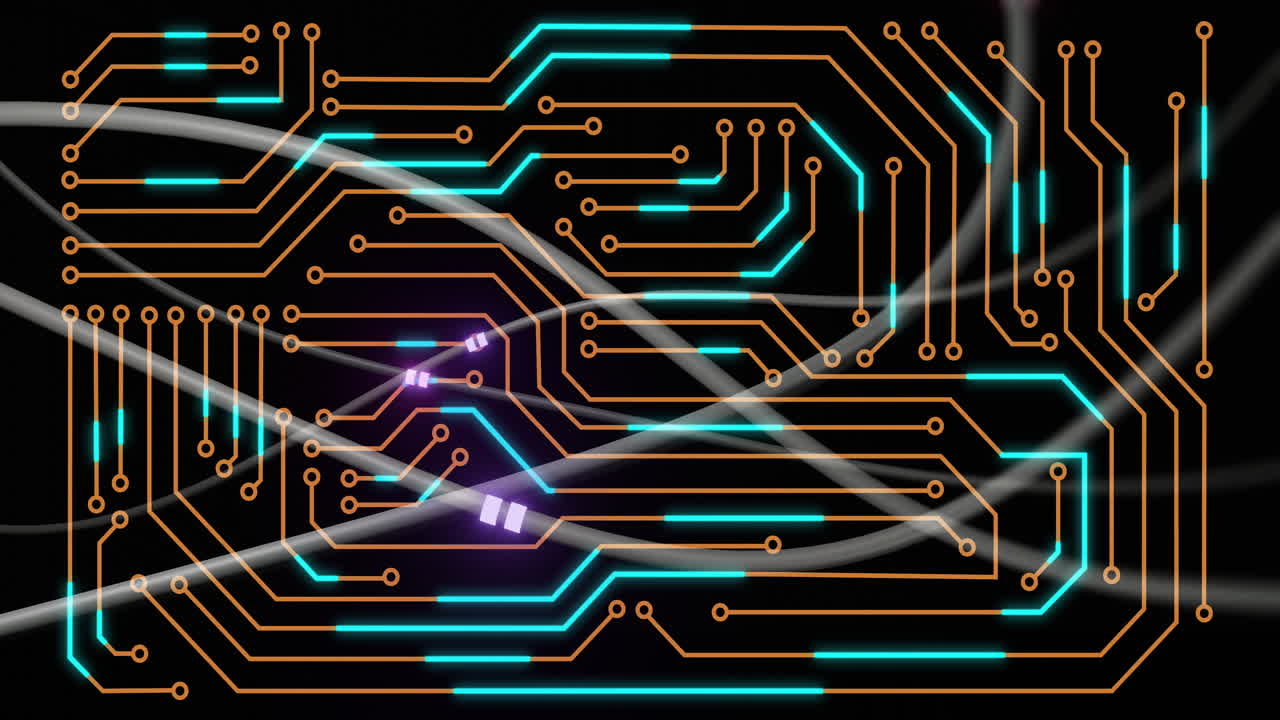 Animation of digital data processing with circuit board and glowing network of connections