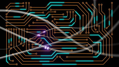 animation of digital data processing with circuit board and glowing network of connections