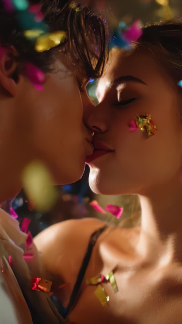Romantic Moment Amidst Celebratory Confetti: A Couple's Sweet Kiss Captured in an Intimate Atmosphere Filled with Joy and Sparkles