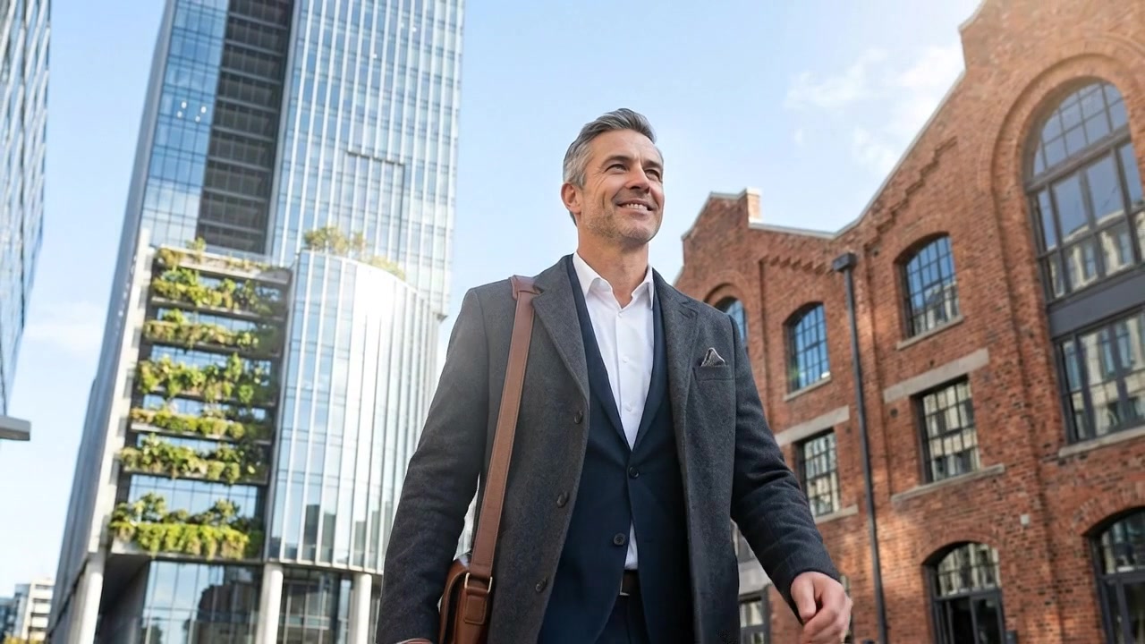 Empresario seguro caminando por el distrito financiero de la ciudad