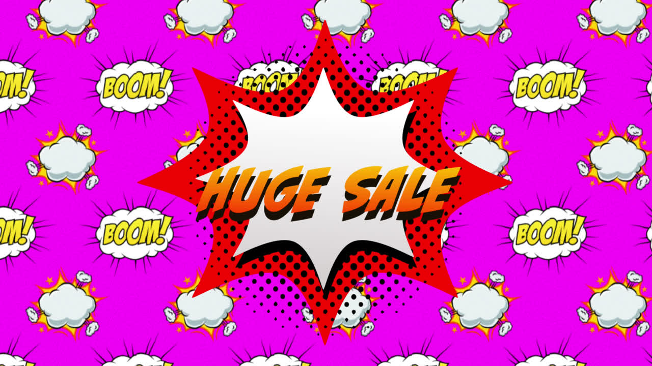 venta enorme y boom texto en la burbuja de habla contra fondo rosa