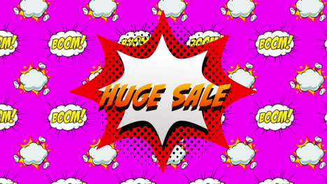 huge sale and boom text on speech bubble against pink background