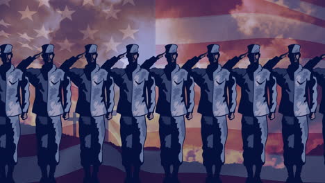 animation of row of male soldiers saluting over american flag