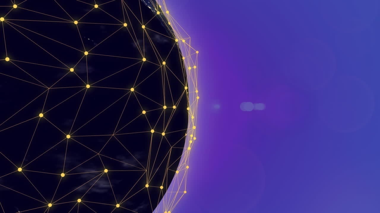 Animation of network of connections and light trails over spinning globe against blue background