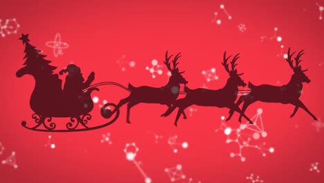 Molecular-structures-floating-over-santa-claus-in-sleigh-being-pulled-by-reindeers-on-red-background