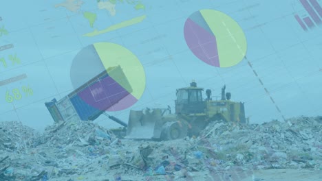 datos estadísticos contra la excavadora que trabaja en el vertedero con aves en el cielo