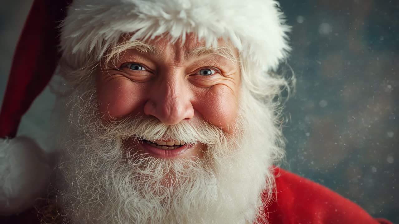 Opening shot showing Santa Claus holding smile in studio, with falling flakes evoking holiday cheer