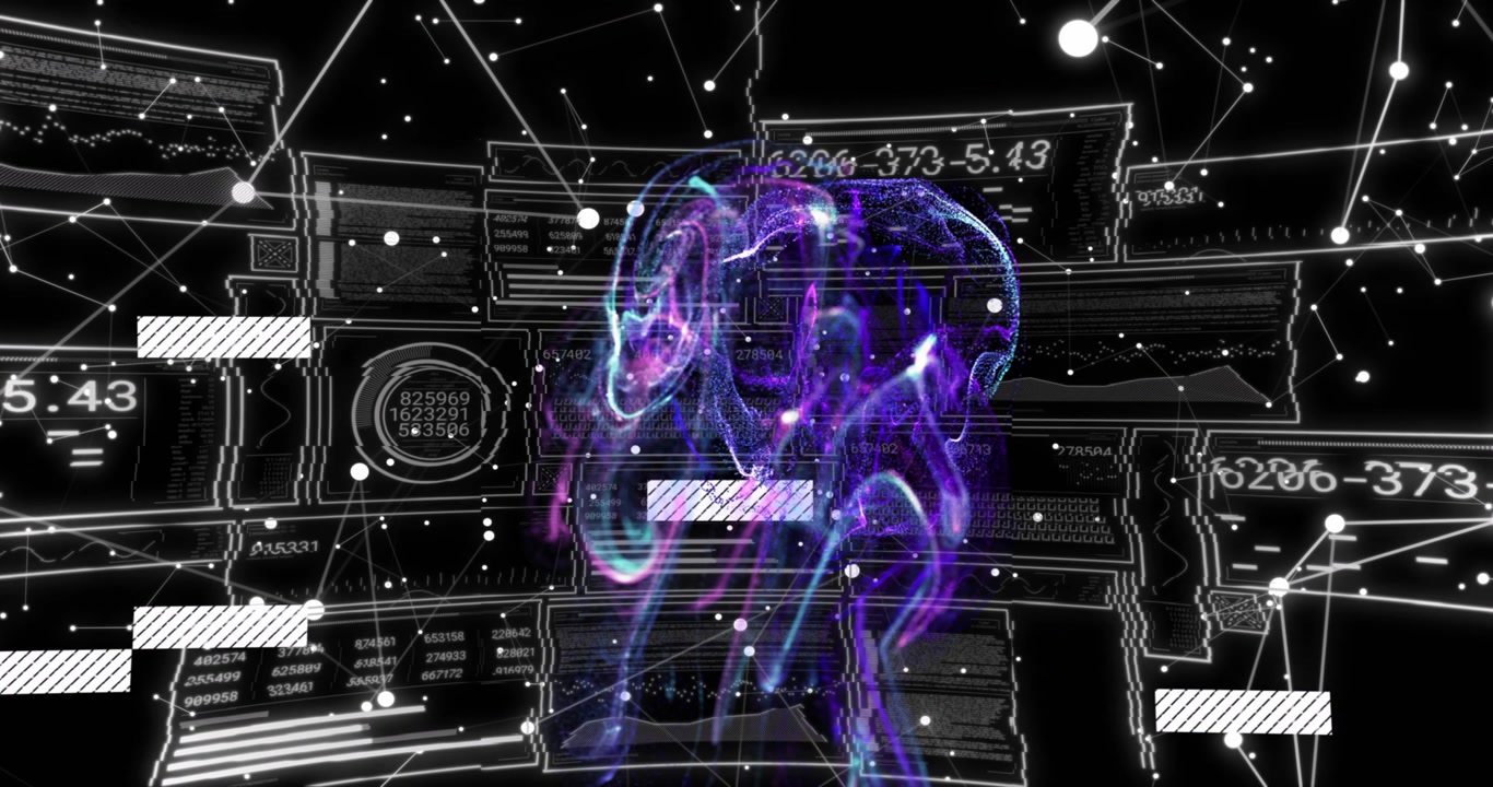 Glitch bars flickering in wireframe, purple-blue plasma form rising and rotating, visualizing data