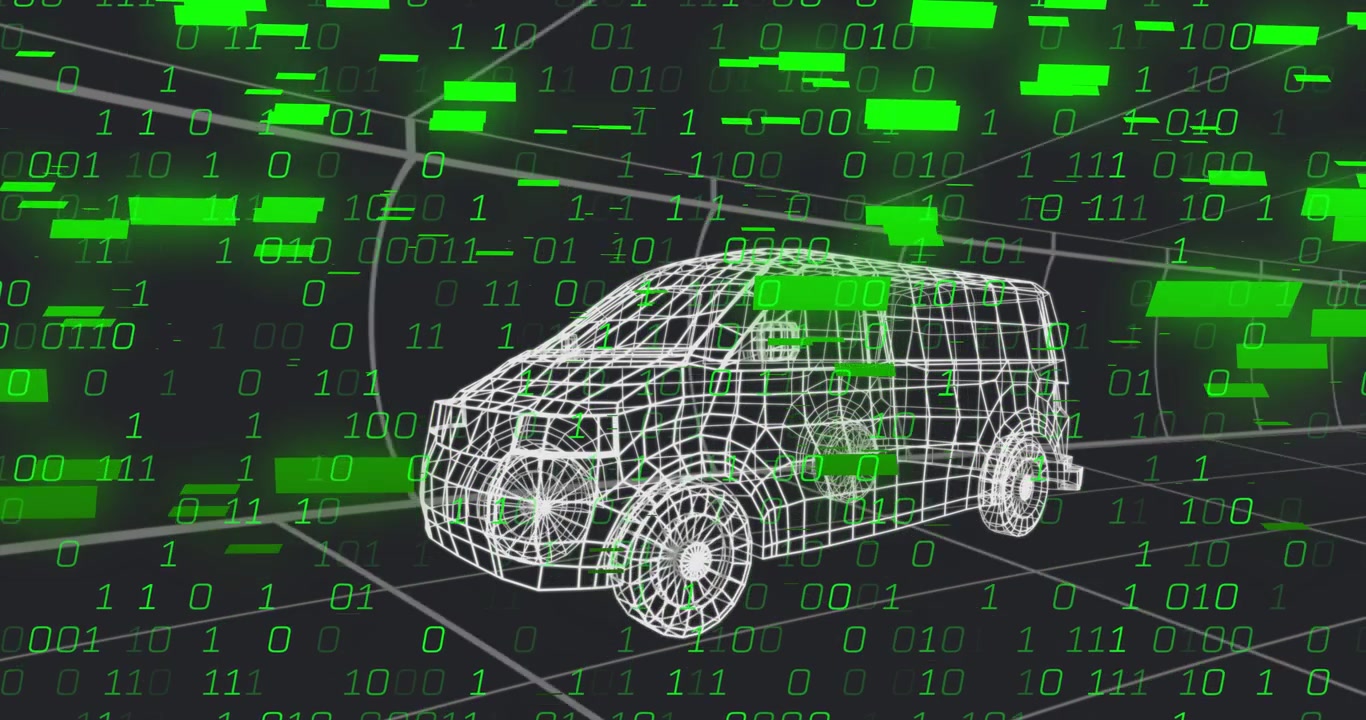 Wireframe van holding center while green data blocks streaming and occluding scene, showing flow