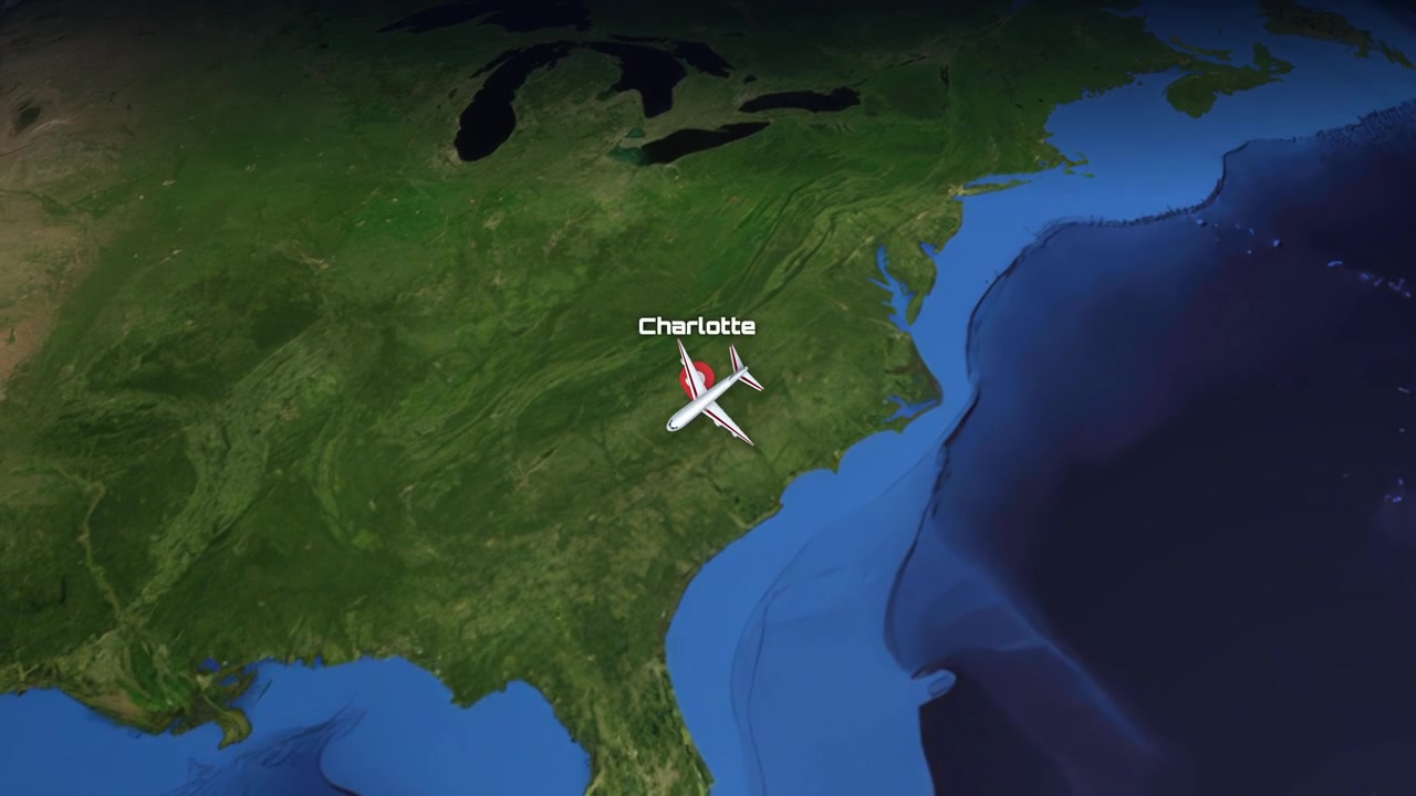 Commercial airplane flies across the Atlantic Ocean from Munich to Charlotte on a 3D globe