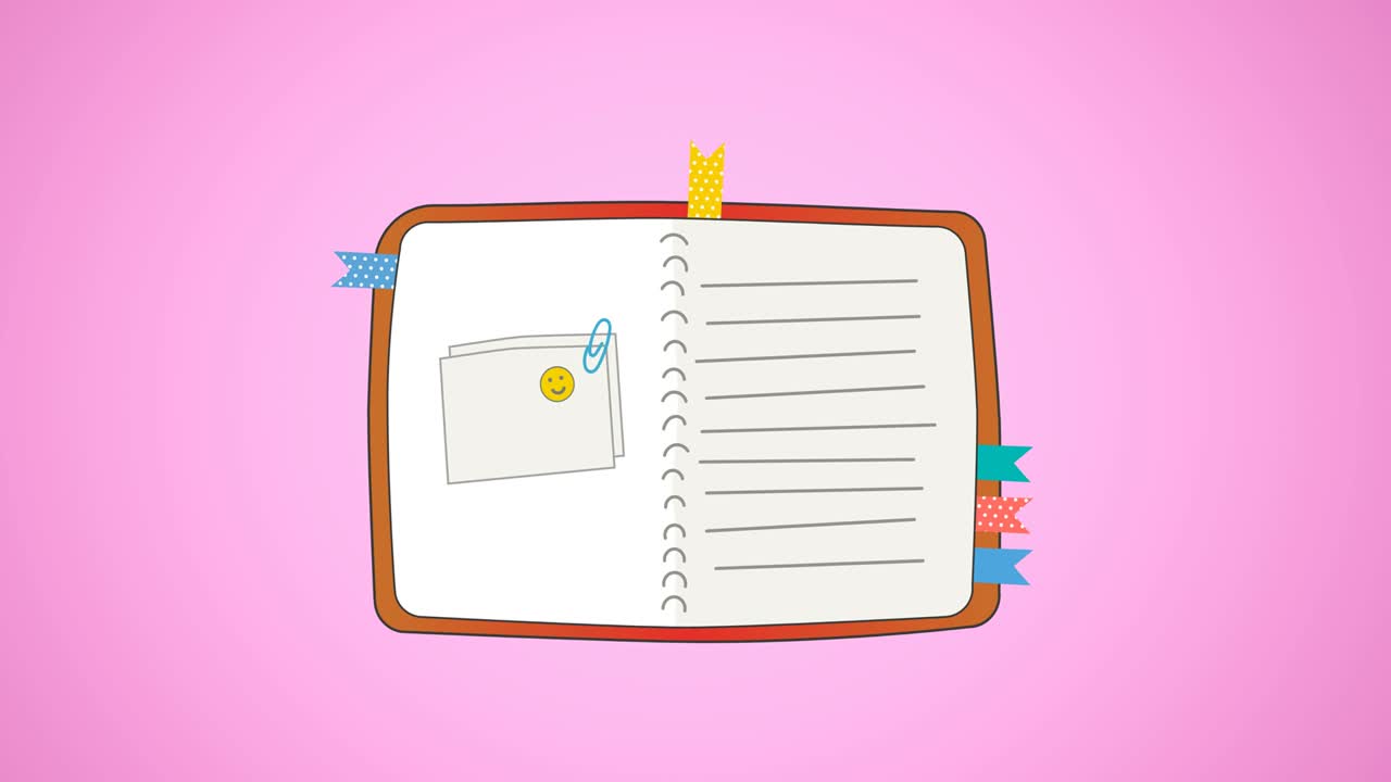 Animation of notebook icon moving on pink background