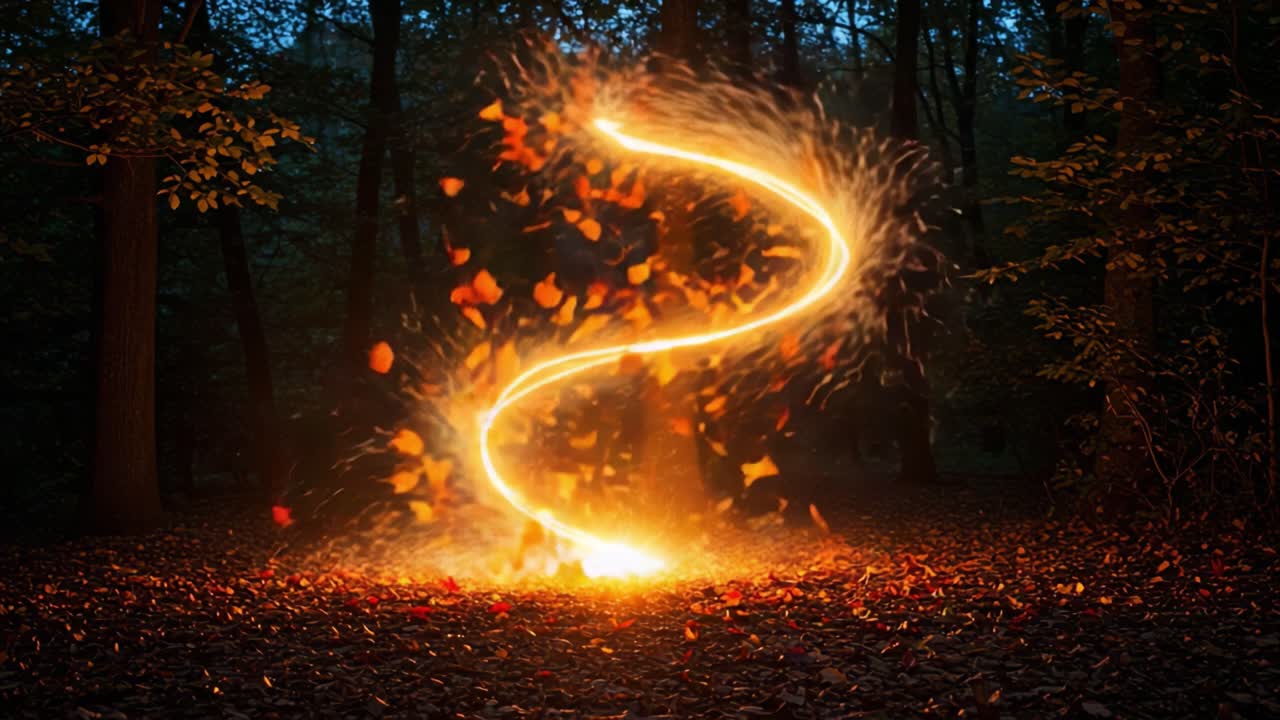 A Captivating Dance of Flames and Autumn Leaves: Discover the Enchantment of Nature’s Colors in a Spiraling Display of Light and Movement Amidst a Forest Setting
