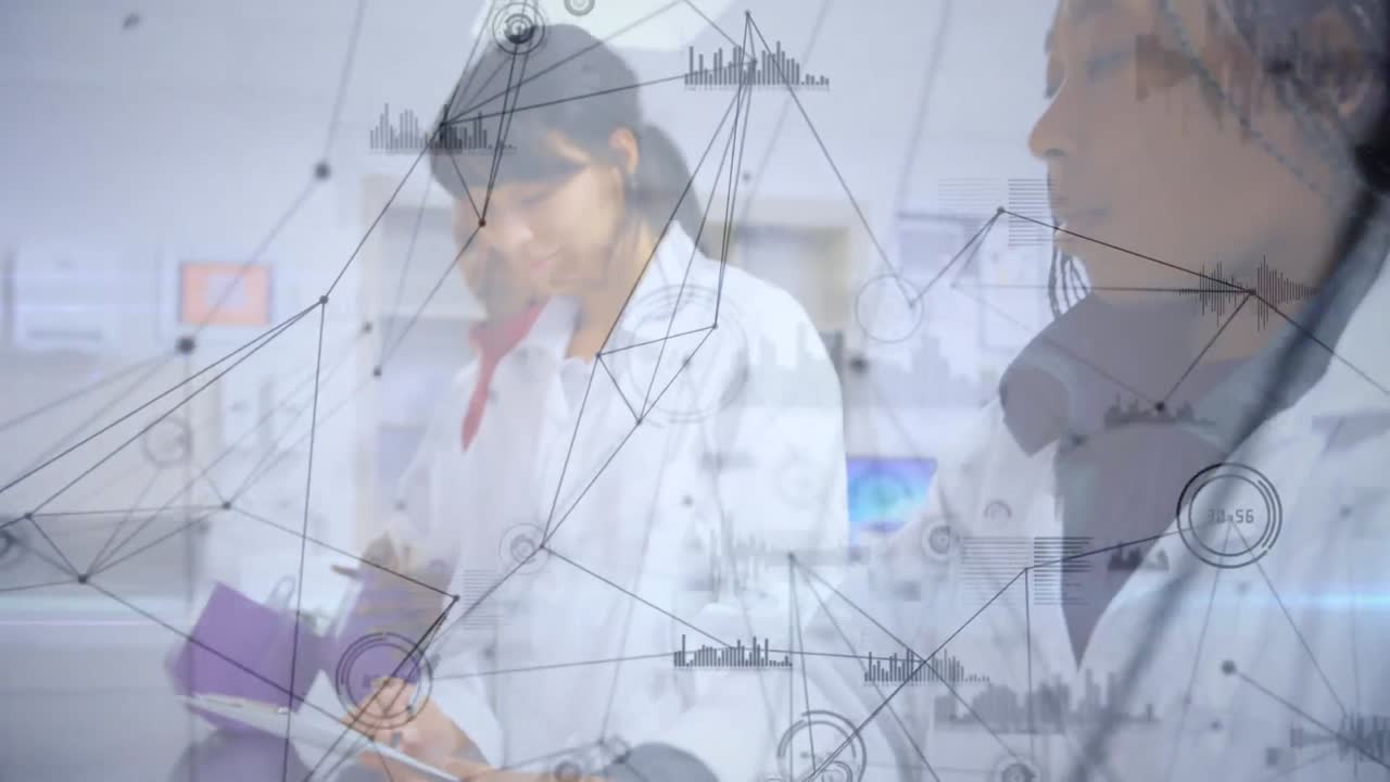 animación de la red de conexiones entre diversas mujeres científicas en el laboratorio