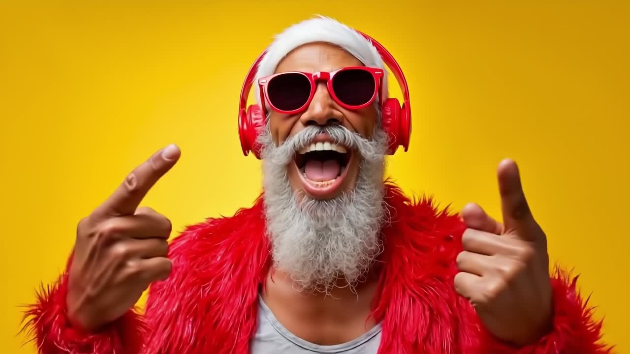 Un uomo con un vestito da Babbo Natale e cuffie rosse che indica la fotocamera