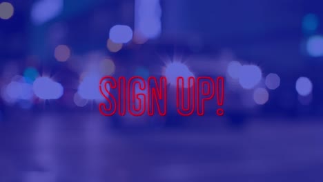 Animation-of-sign-up-text-over-cityscape-at-night-on-blue-background