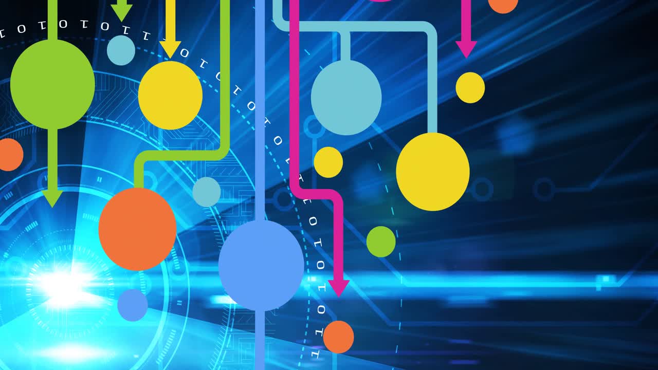 Animation of network of connections with digital icons over scope scanning in background