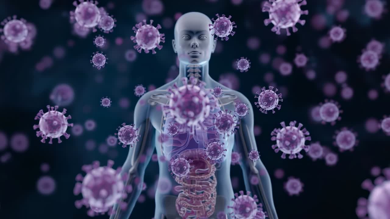 Starting with purple virus particles drifting toward human model in dark void, depicting infection