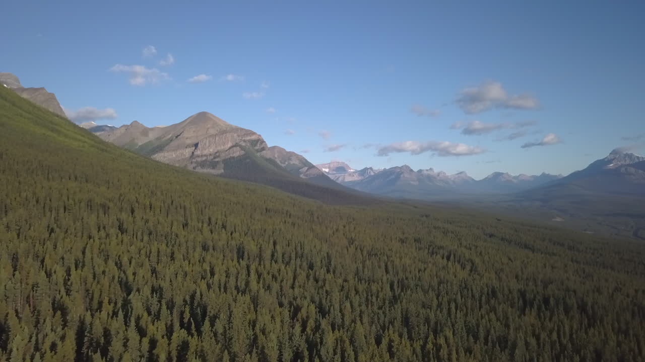 Aerial dolly of beautiful blue skies above a lush green national park forest near Moraine Lake, Alberta Canada.