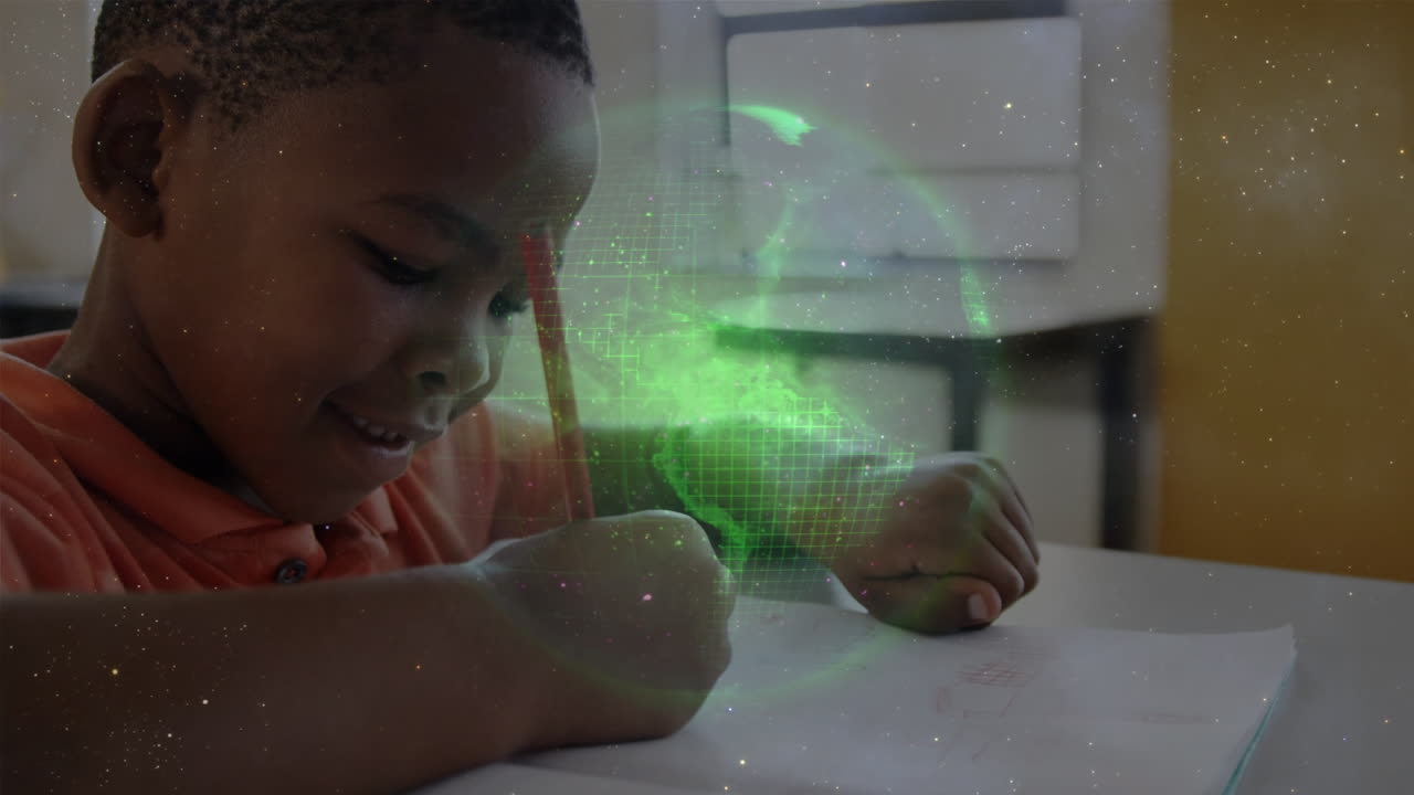 White particles and globe against portrait of african american boy studying in class at school
