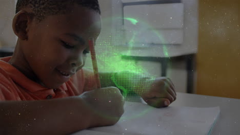 white particles and globe against portrait of african american boy studying in class at school