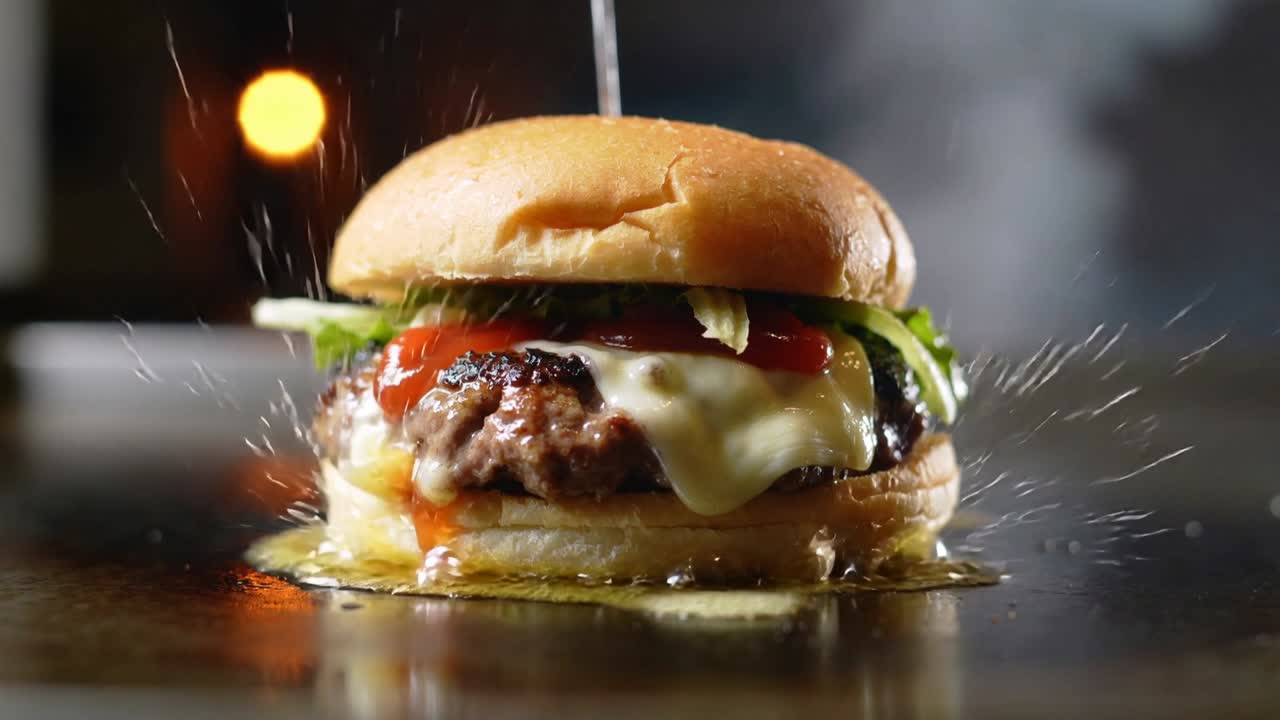 Hamburger che sfrigola su una piastra piana, mentre riceve un getto da un ugello, creando schizzi e vapore.