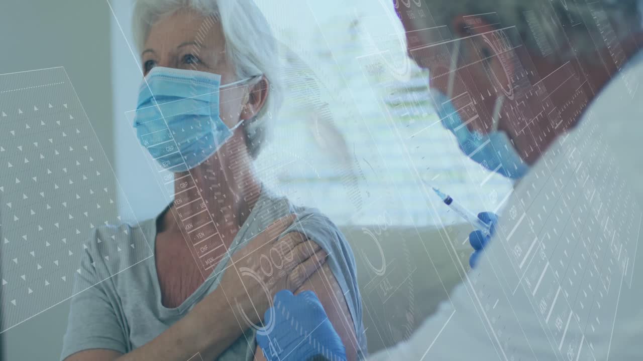 animación del procesamiento de datos sobre el paciente vacunado por un médico caucásico masculino