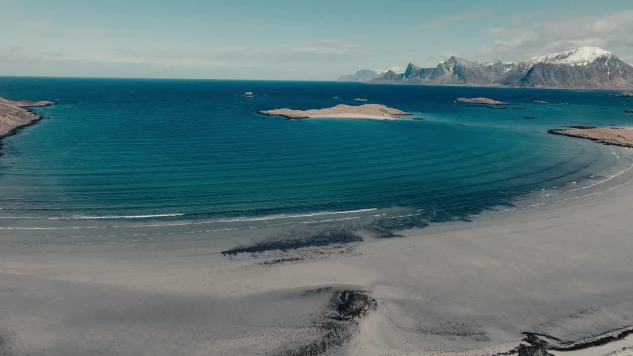 Turquoise Waters Of Yttersand Beach Near Roren-Ytresandheia Mountain Hike In Lofoten Islands, Norway. Aerial Drone Shot