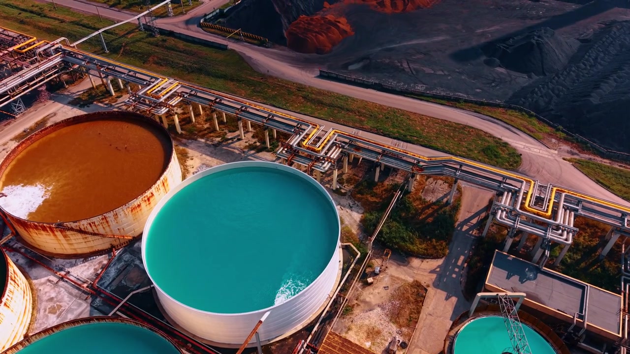 Circular wastewater settling tanks in industrial processing plant. Round open basins hold blue and brown water near long yellow pipelines under bright daylight.