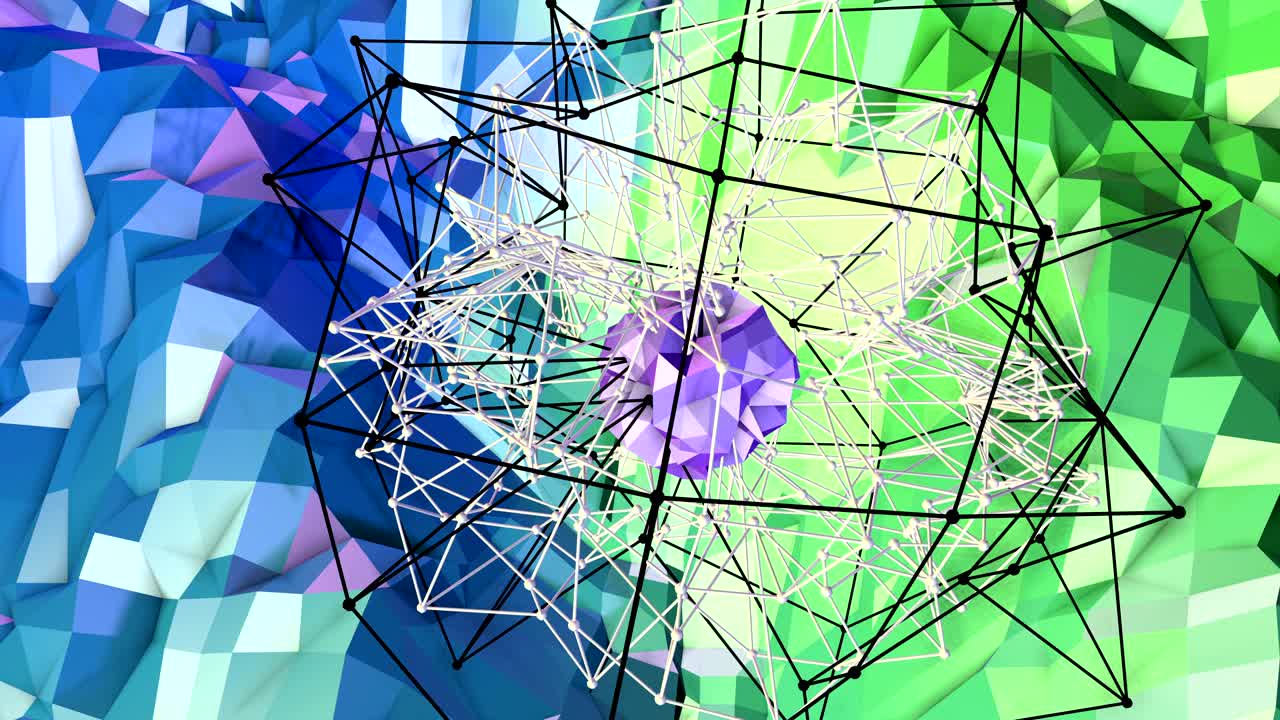 4k animación de fondo de bajo poli en bucle. animación 3d sin costuras como creativo simple de bajo poli fondo. v15 paisaje verde azul con esfera y marco móvil