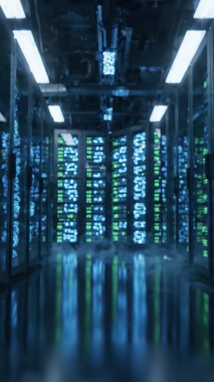 Exploring a Futuristic Data Center with Rows of Illuminated Servers, Showcasing Advanced Technology and Data Processing in a High-Tech Environment