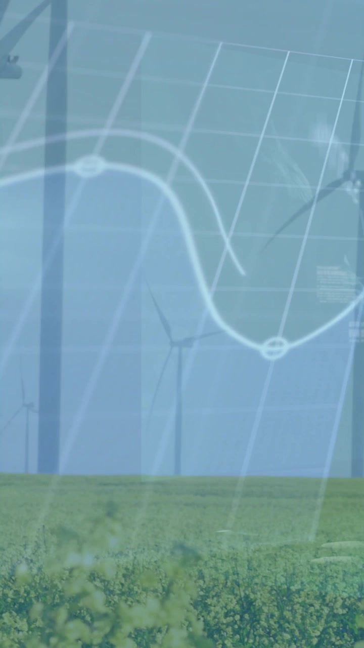 Video verticale: Griglia solare che appare gradualmente, disegnando una linea di tendenza, mappando l'energia tra colture e turbine.