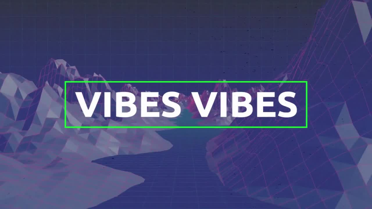 animación de vibraciones en texto blanco con cruces rosas y líneas verdes sobre paisaje gris en azul