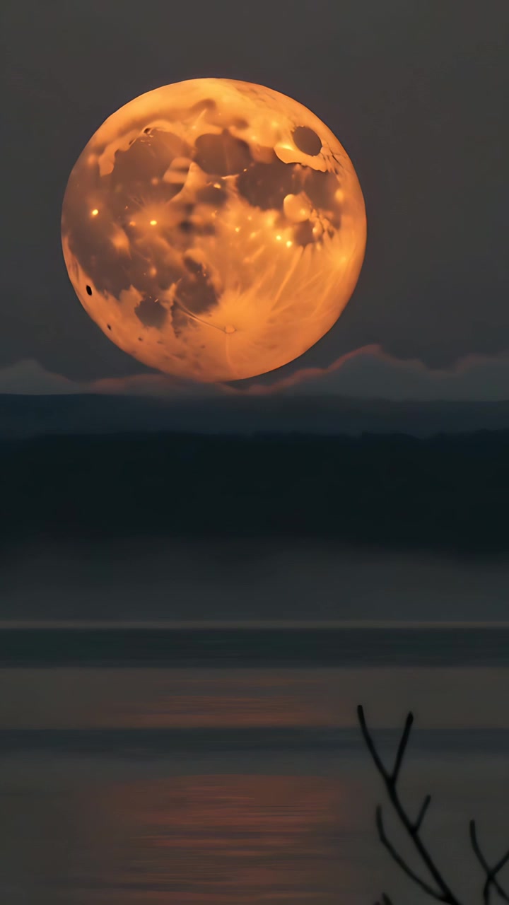 Vídeo vertical: Lua cheia nascendo mostrando detalhes da superfície sobre lago calmo, banco de nuvens baixas rareando.