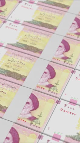 video vertical de billetes de 2000 riales iraníes impresos por una imprenta de dinero