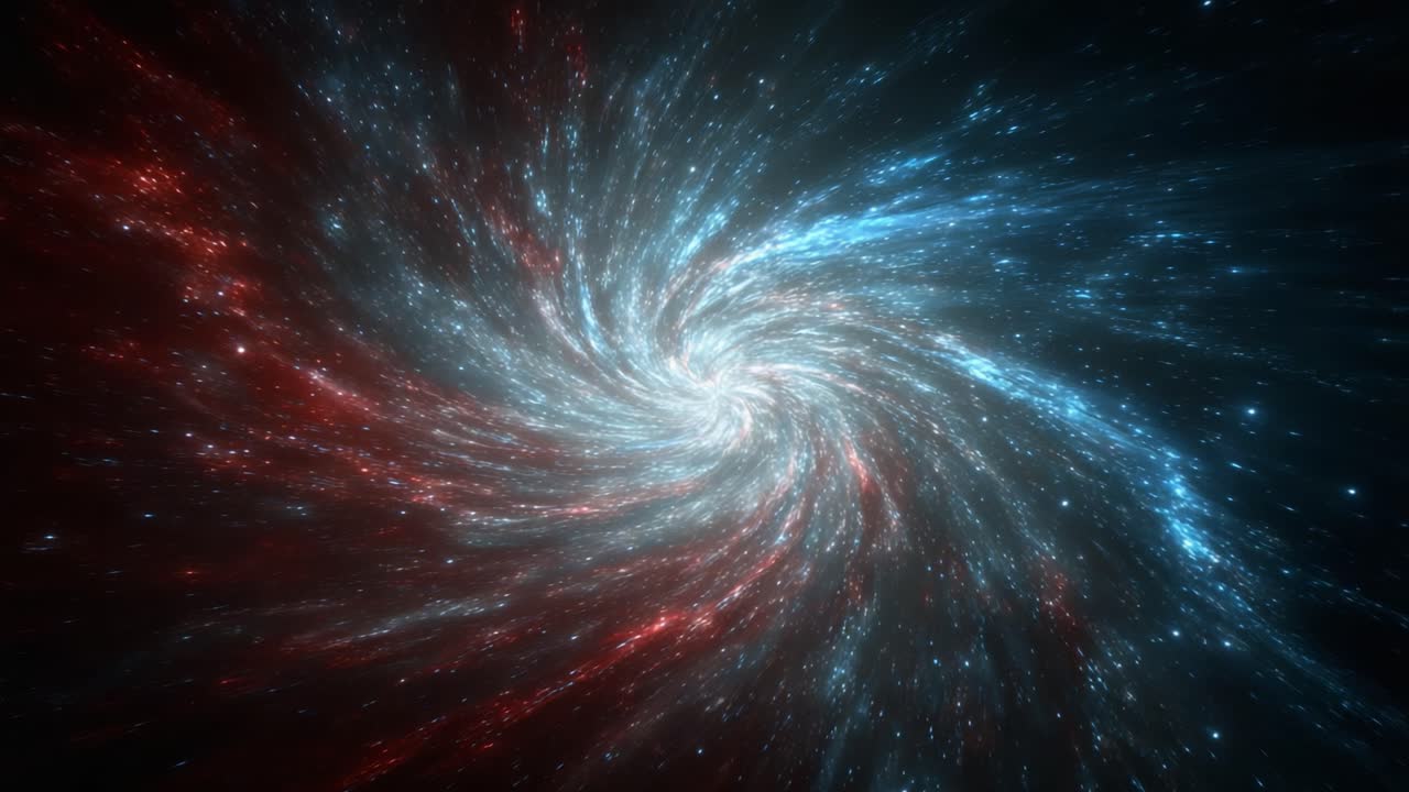 A mesmerizing spiral galaxy depicts a stunning cosmic swirl of blues and reds, showcasing the beauty and vastness of the universe in a captivating display of stars and cosmic dust