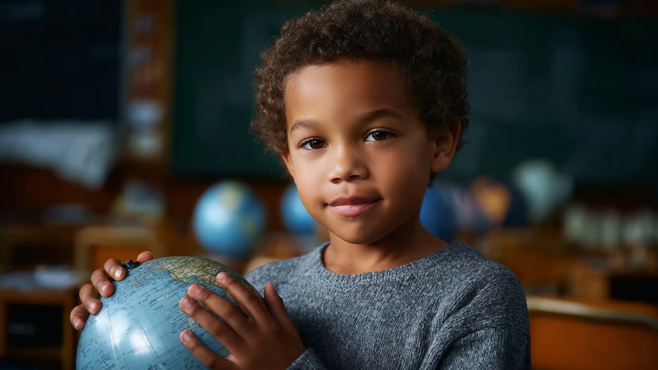 Um jovem e curioso estudante interagindo com um globo na sala de aula, explorando a geografia e as culturas em um ambiente educacional de descoberta e crescimento