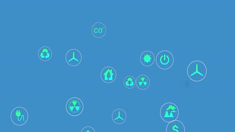 animación de múltiples iconos digitales de concepto de energía flotando contra un fondo azul