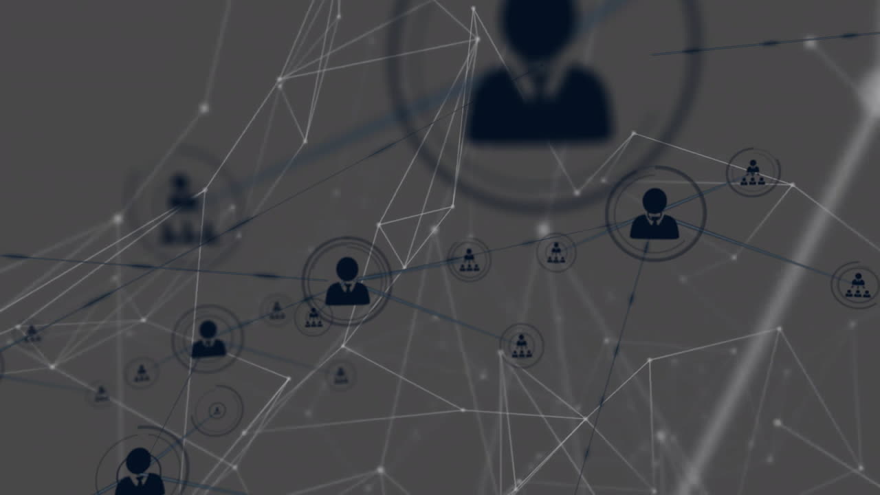 animación de iconos de perfiles conectados y puntos conectados sobre fondo gris