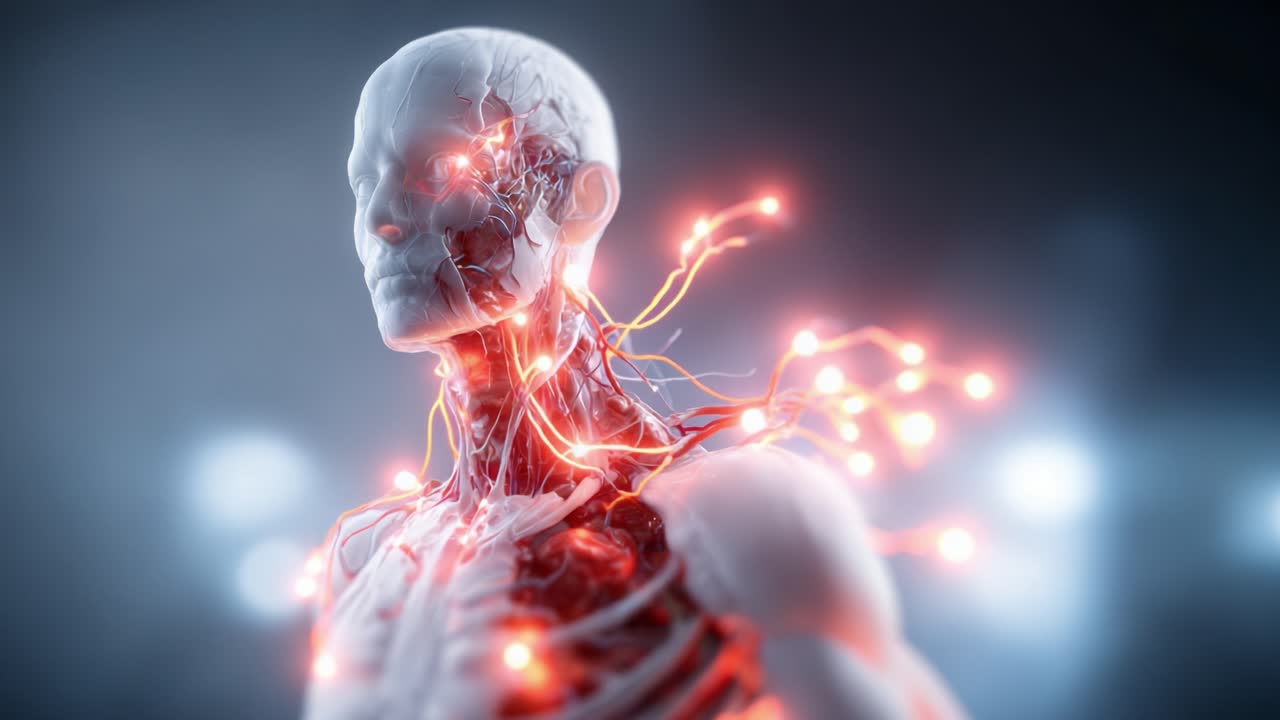 A Hypothetical Anatomical Model Featuring Enhanced Neural Pathways and Vascular Structures Illuminated by a Mysterious Light Source in an Abstract Background
