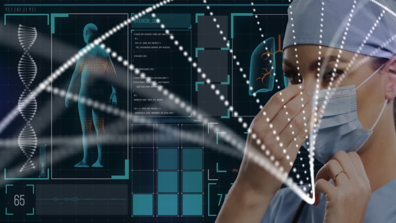 estructura de adn girando sobre la doctora ajustando su máscara facial contra el procesamiento de datos médicos