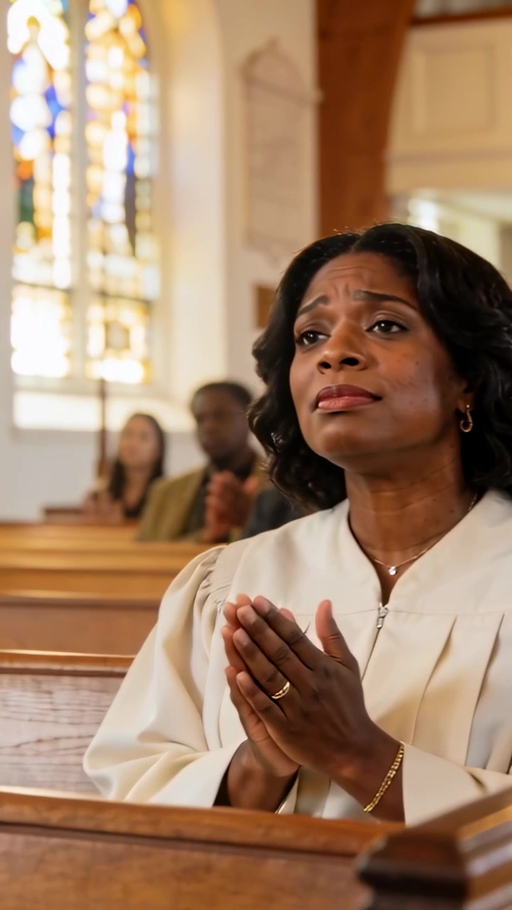 Vertical video: Pulling camera showing woman in choir robe praying and singing worshiping at pews