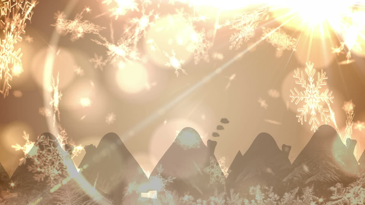 노란색 배경에 크리스마스 장식 위에 떨어지는 크리스마스 눈의 애니메이션