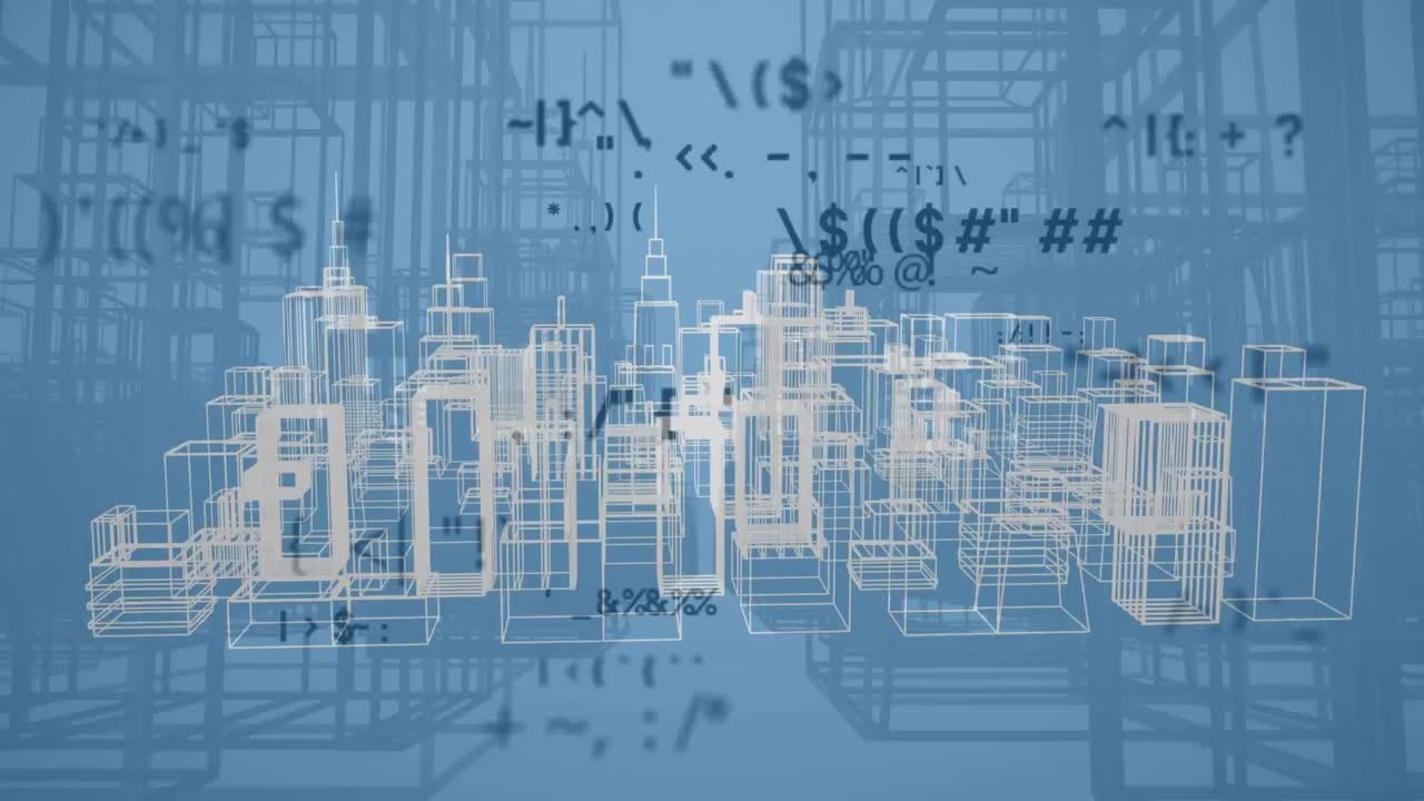 анимация нескольких меняющихся символов над 3d-моделью города, вращающейся на синем фоне.