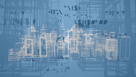 Animation of multiple changing symbols over 3d city model spinning against blue background